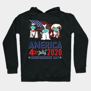 Shih Tzu Dogs With US Flag And Face Masks Happy America 4th July Of 2020 Independence Day Hoodie